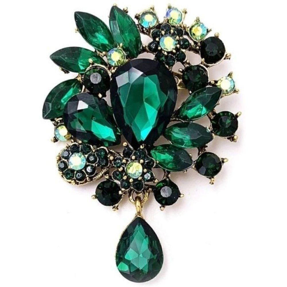 Yellow Gold with Emerald Green Austrian Crystal Flower Teardrop Brooch